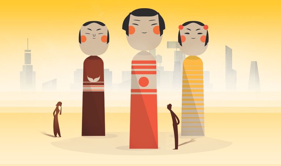 Illustration of three stylized figures with Japanese features standing as tall structures in an urban landscape.
