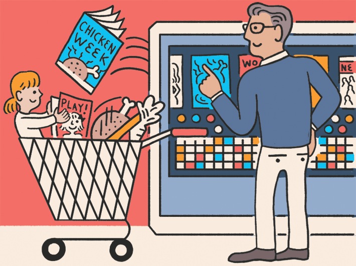 Illustration of a man operating a magazine printing machine with a child holding a printed magazine in a shopping cart.