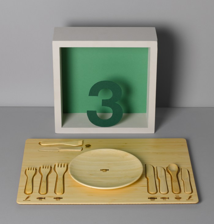 Funfam wooden children's cutlery set with tray and coordinating storage box numbered 3.