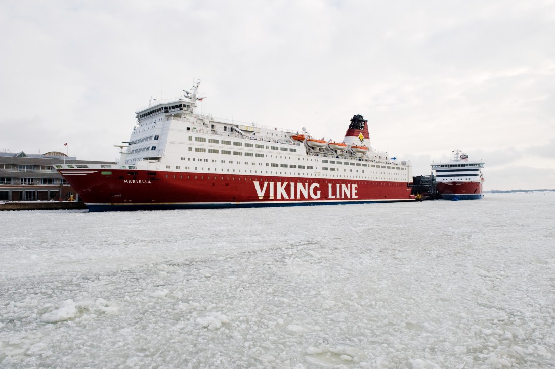 Viking Line's M/S Mariella ferry ship docked in Helsinki harbour with red hull and white superstructure.