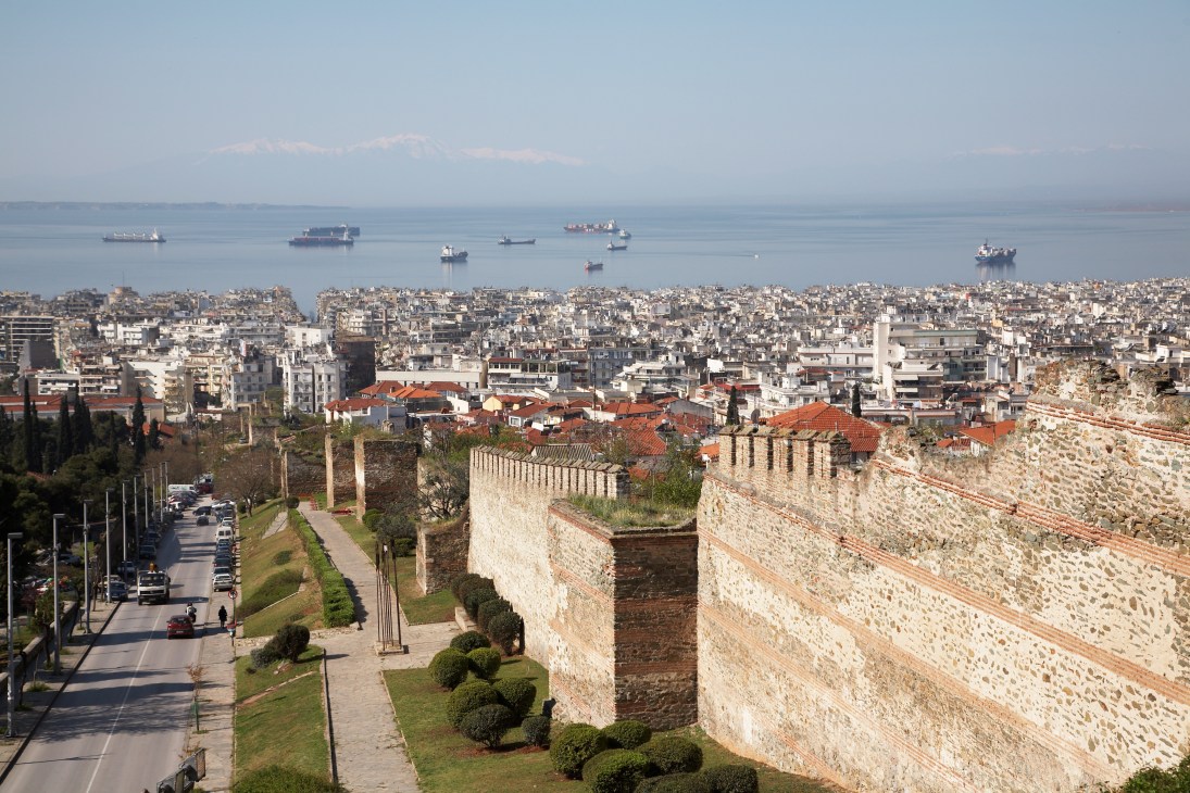 Panoramic view of Thessaloniki city, harbour and gulf from elevated historic fortification walls