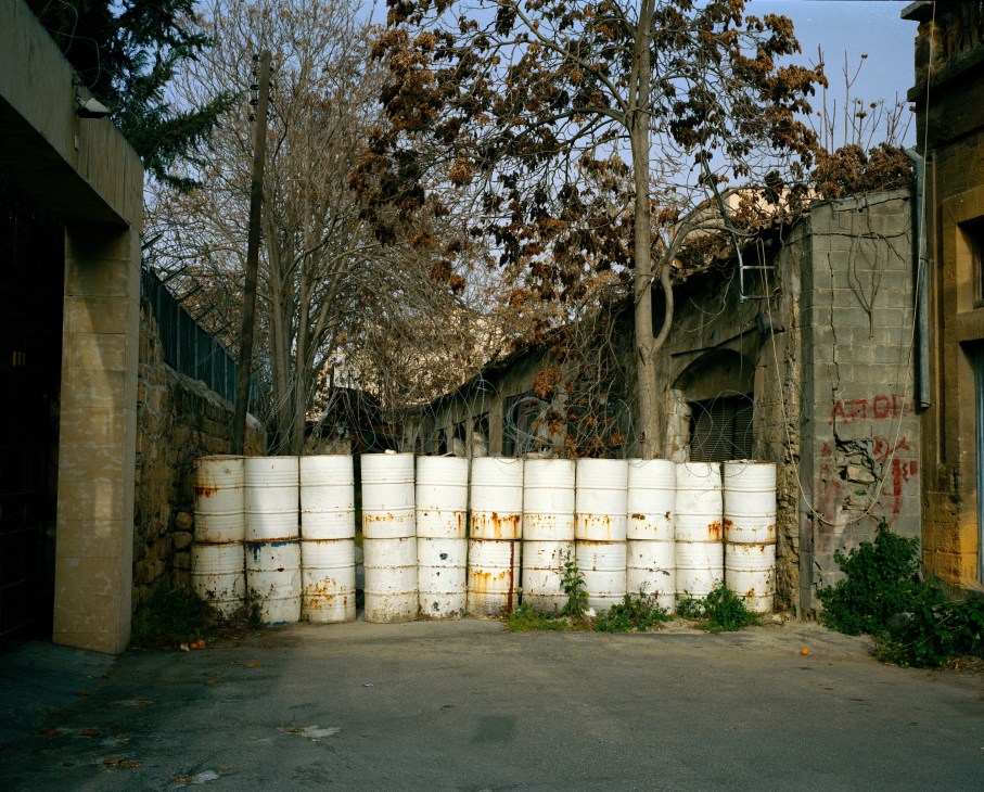 Sand-filled barrels block off Ledra Street in the UN buffer zone between divided Cyprus.