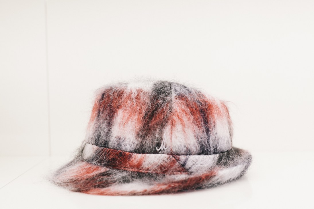 Red and grey striped felt hat with band by Mühlbauer.