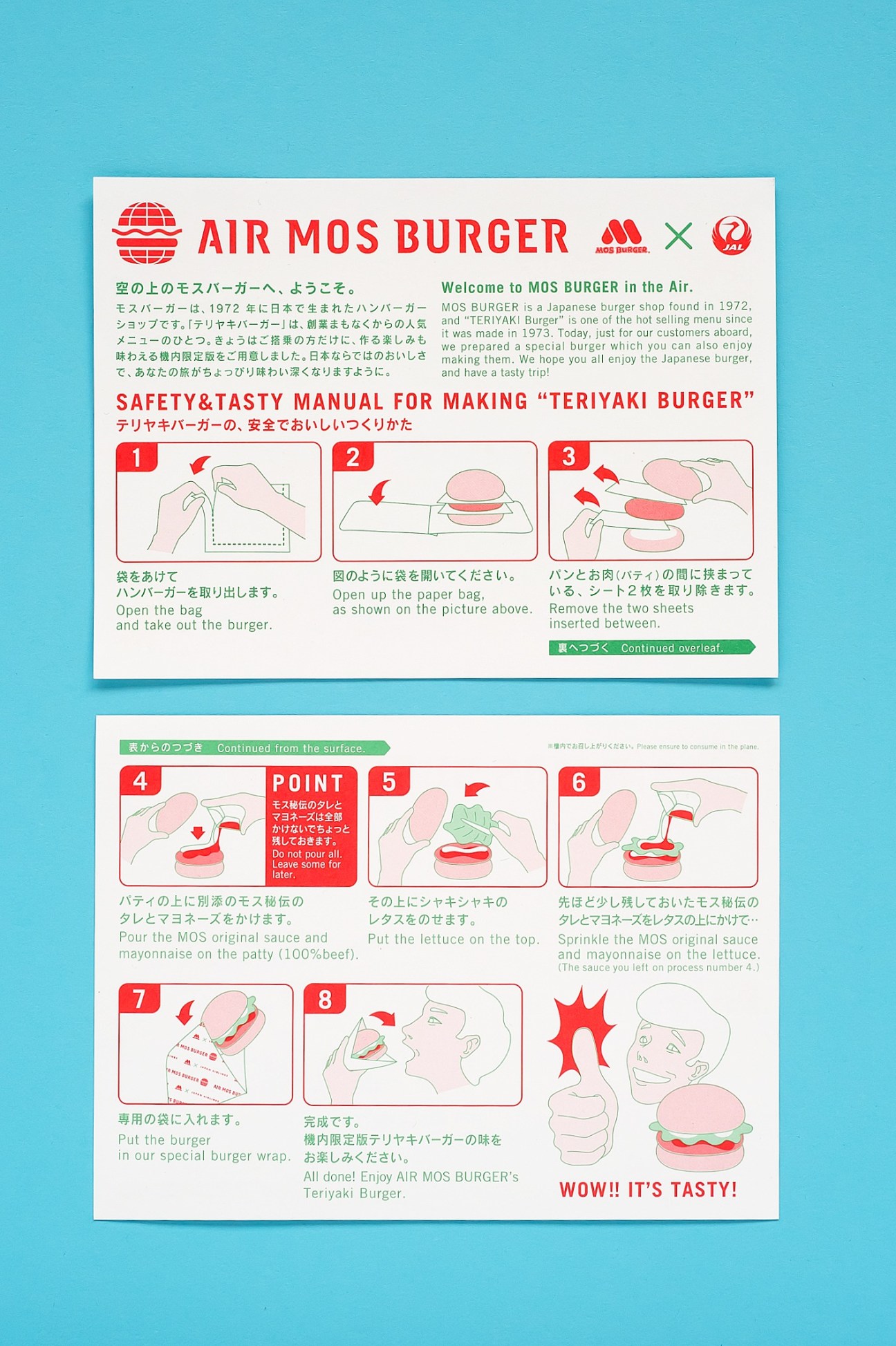 JAL Air MOS Burger safety card with bilingual instructions and step-by-step illustrations for assembling a teriyaki burger.