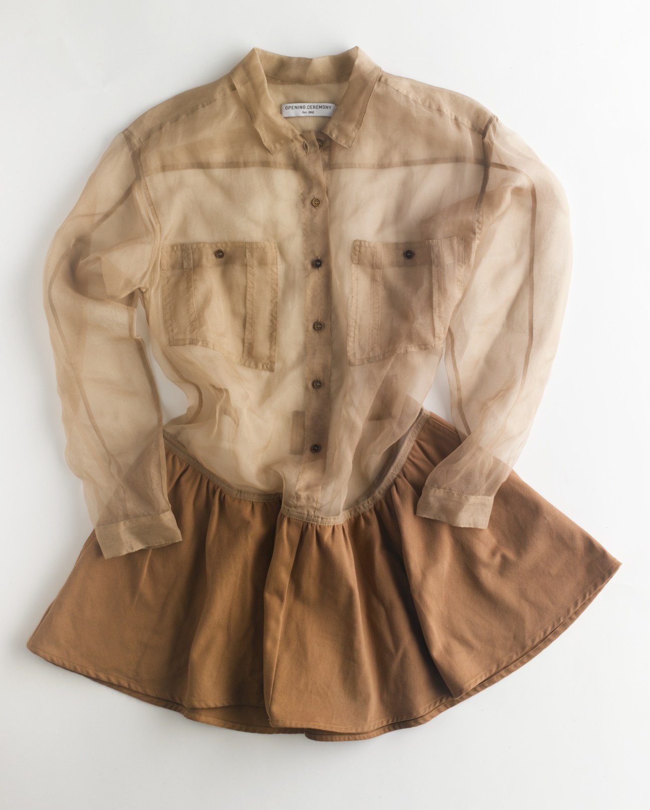 Opening Ceremony beige linen shirt dress with button front and gathered skirt on white background.