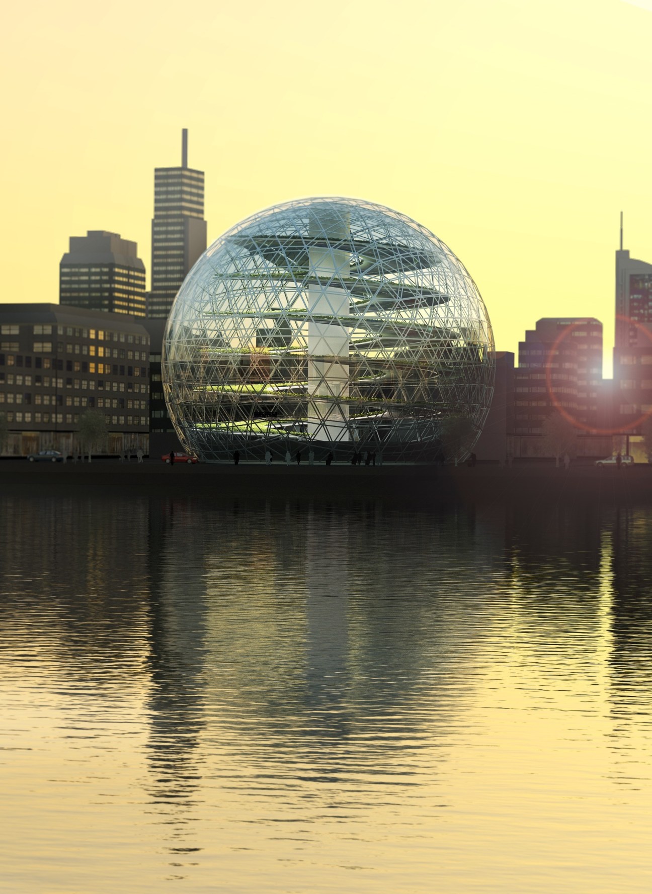 A spherical glass greenhouse with metal framework beside a waterfront with city buildings in the background.