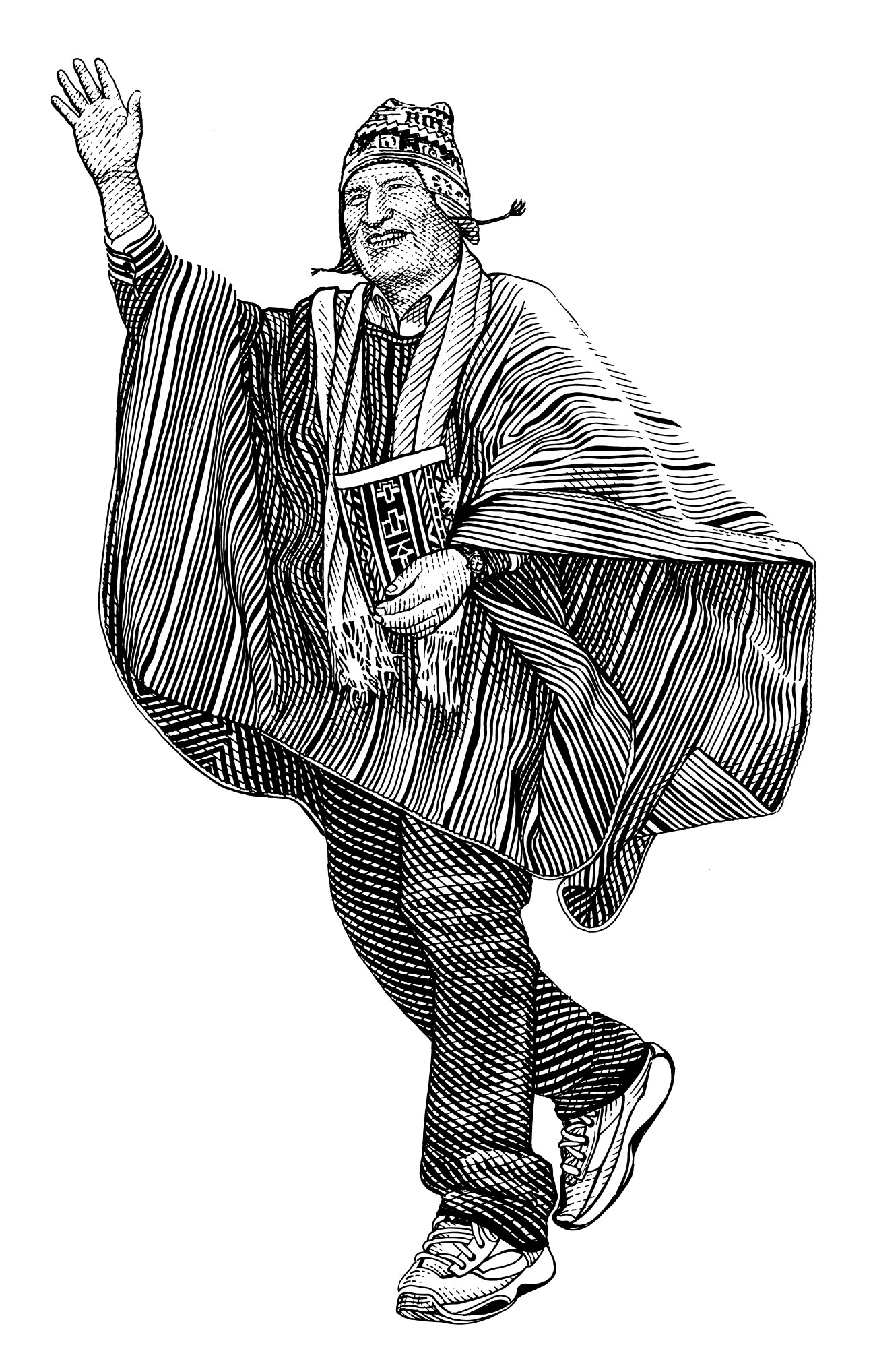 Pen and ink illustration of Bolivian president Evo Morales wearing traditional indigenous clothing including a striped poncho and hat, with fist raised.