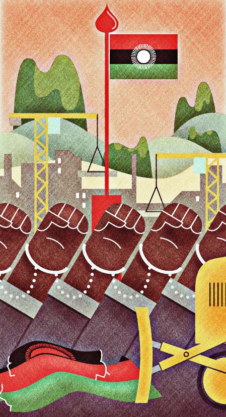 Illustration of Malawi's new flag with full sun displayed on a flagpole amid construction cranes and landscape.