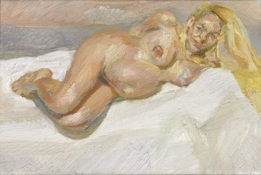 Lucian Freud's portrait of a heavily pregnant model reclining on white bedding.