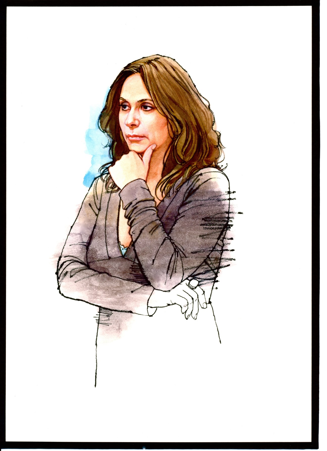 Portrait illustration of Christine Tohme, art activist from Lebanon, wearing a gray shirt with hand raised to face in thoughtful pose