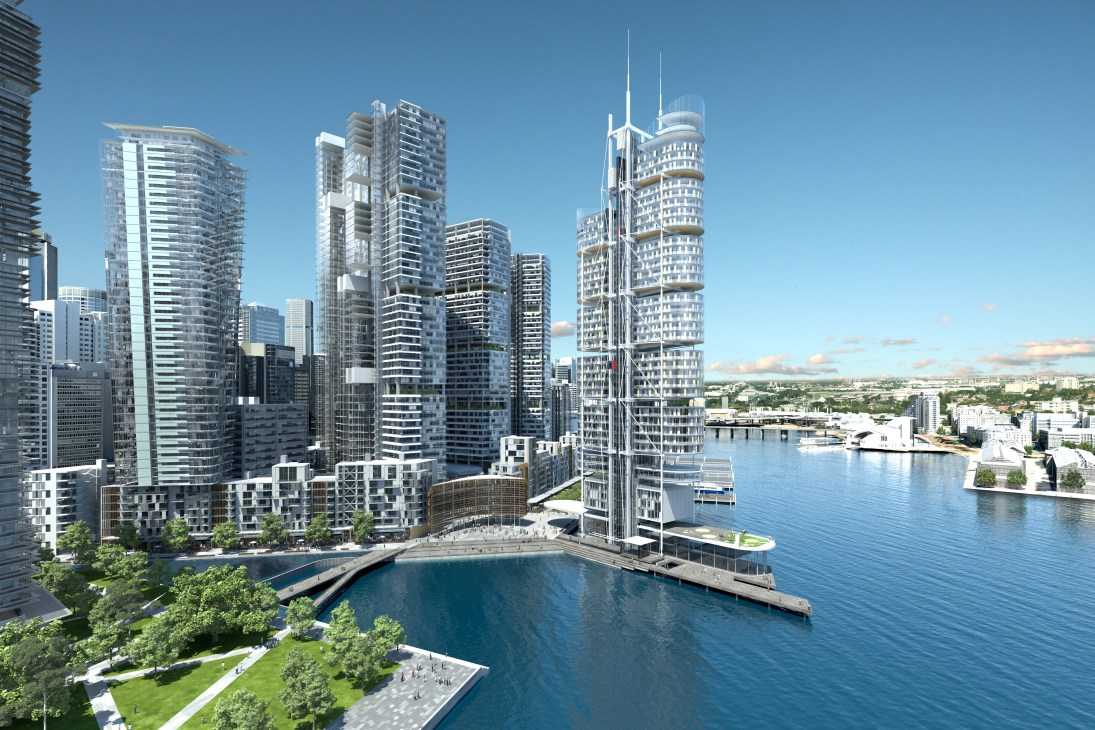 Architectural rendering of Barangaroo South waterfront development in Sydney with high-rise towers and public waterfront space.