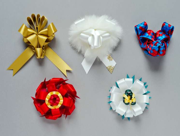 Five ribbon bows in various colors and styles displayed against a gray background.