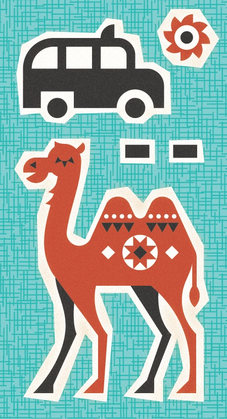 Illustration of a black London taxi cab and a red decorated camel on a turquoise patterned background.