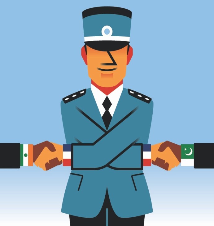 Illustration of a military officer in teal uniform shaking hands with figures representing India and Pakistan flags.
