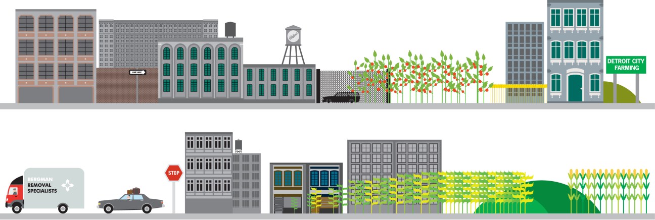 Illustrated cross-section showing Detroit's urban-rural transformation with buildings, farmland, and green spaces.