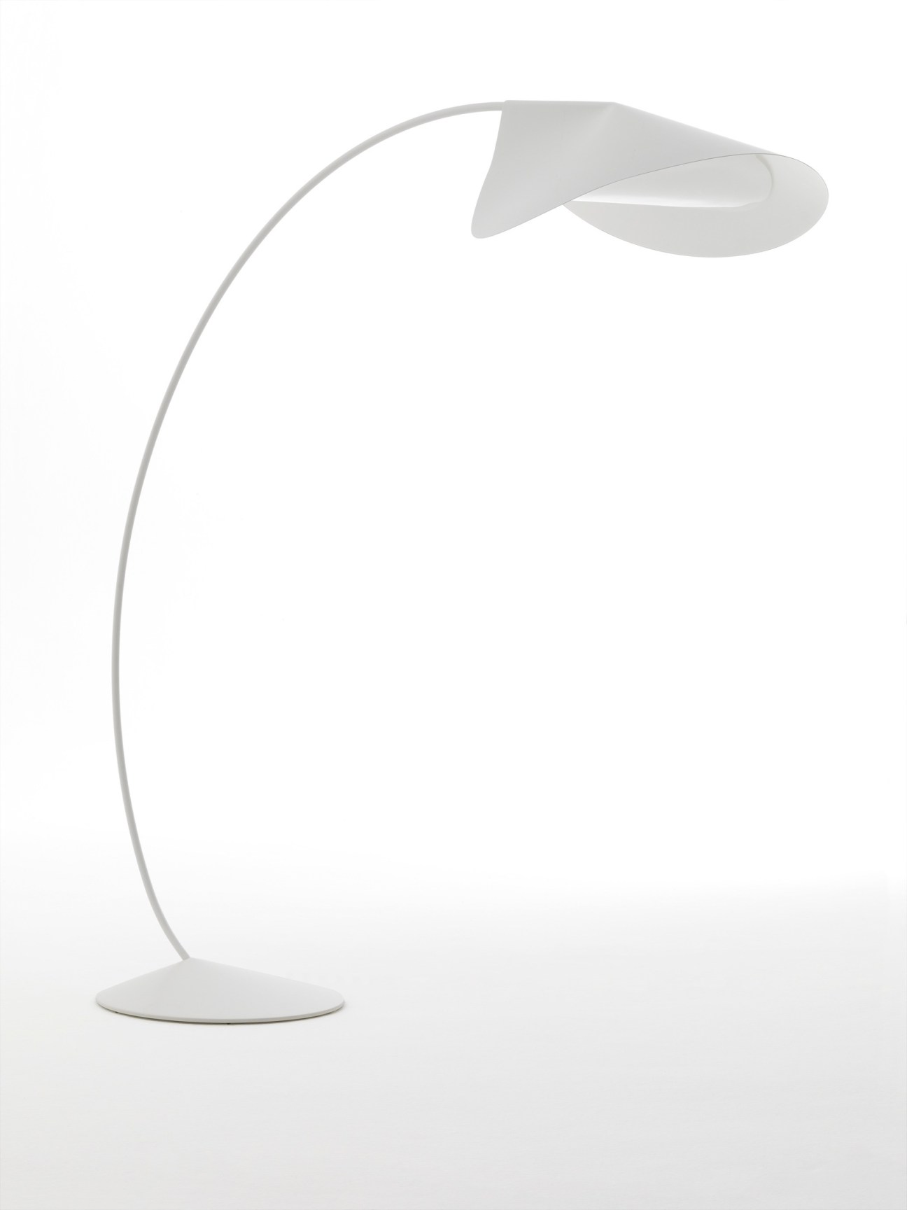 Minimalist floor lamp with thin steel frame and draped aluminium shade by Monica Forster for De Padova.