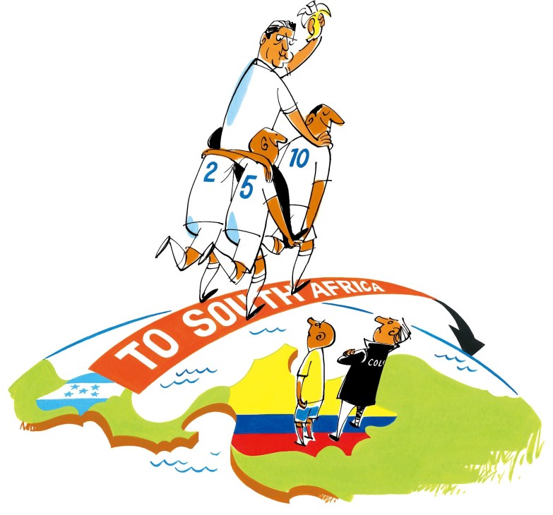 Illustration of football players jumping to catch a ball above South Africa map with Honduras flag.