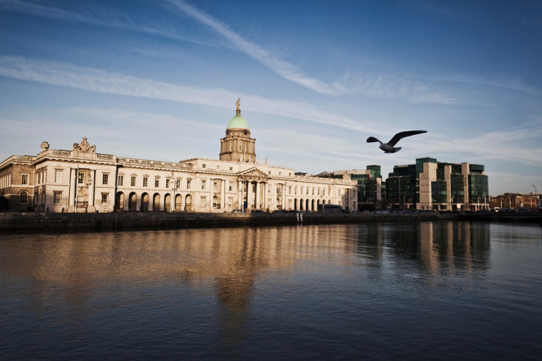 Irish Houses of Parliament with green copper dome reflected in river below, bird flying overhead.