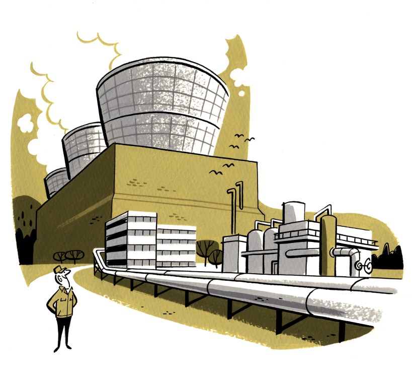 Illustration of a geothermal energy plant with industrial buildings, cooling towers, and pipes in a yellow and gray color scheme.