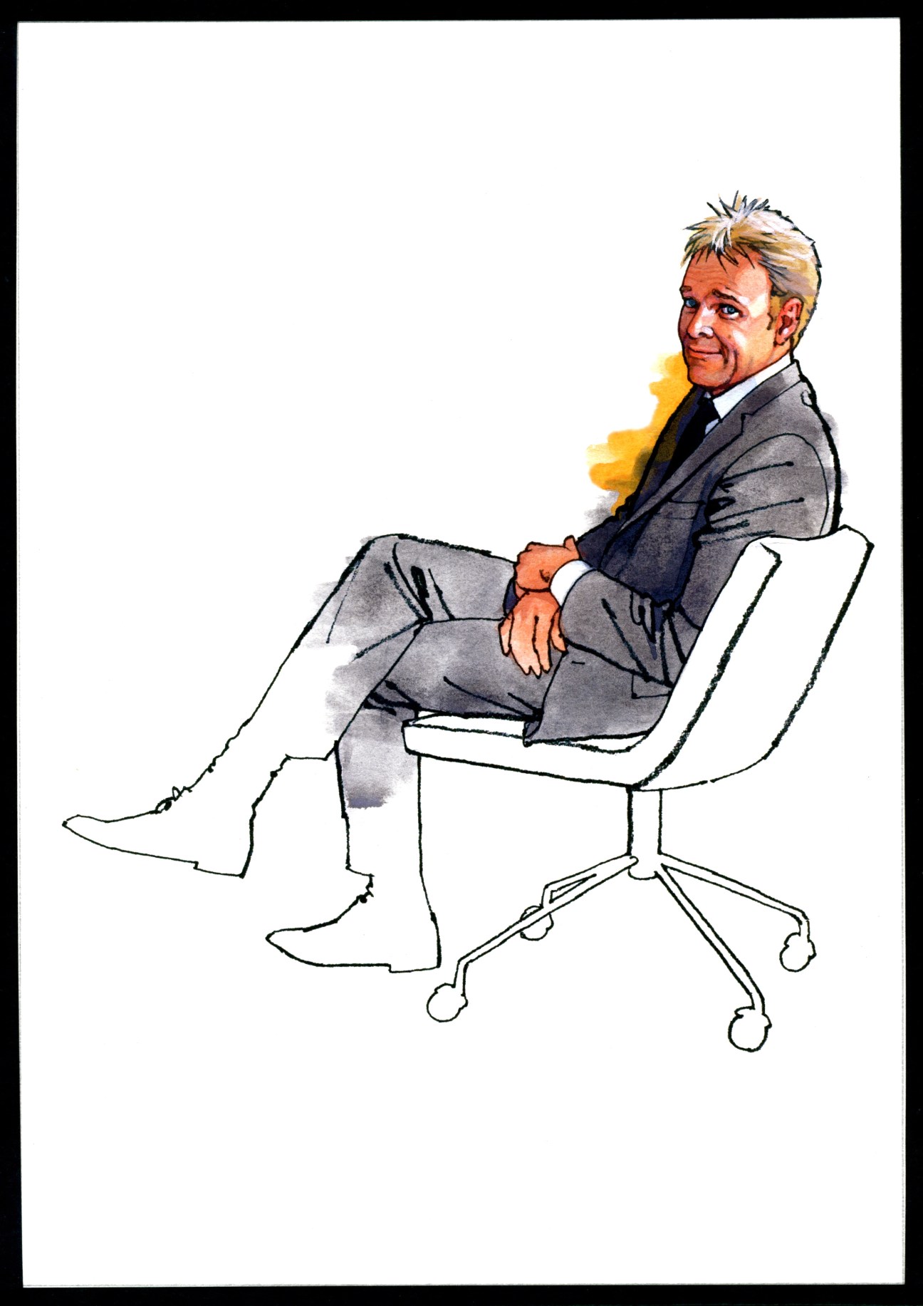 Illustration of Jonas Bonnier, a man in a gray suit seated on a white office chair, looking over his shoulder with a slight smile.