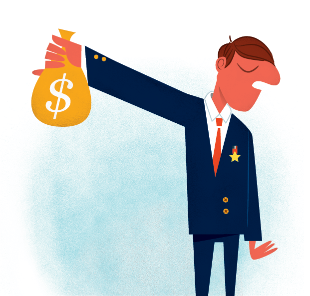 Illustration of a diplomat in a dark suit rejecting a money bag, representing budget cuts.