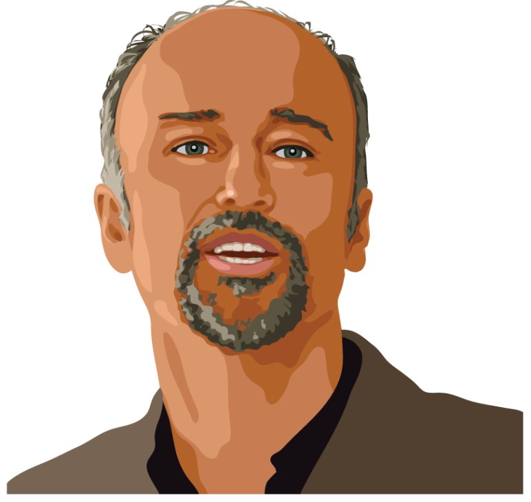 Illustrated portrait of Brett Godfrey, CEO of Virgin Blue, with beard and blue eyes.