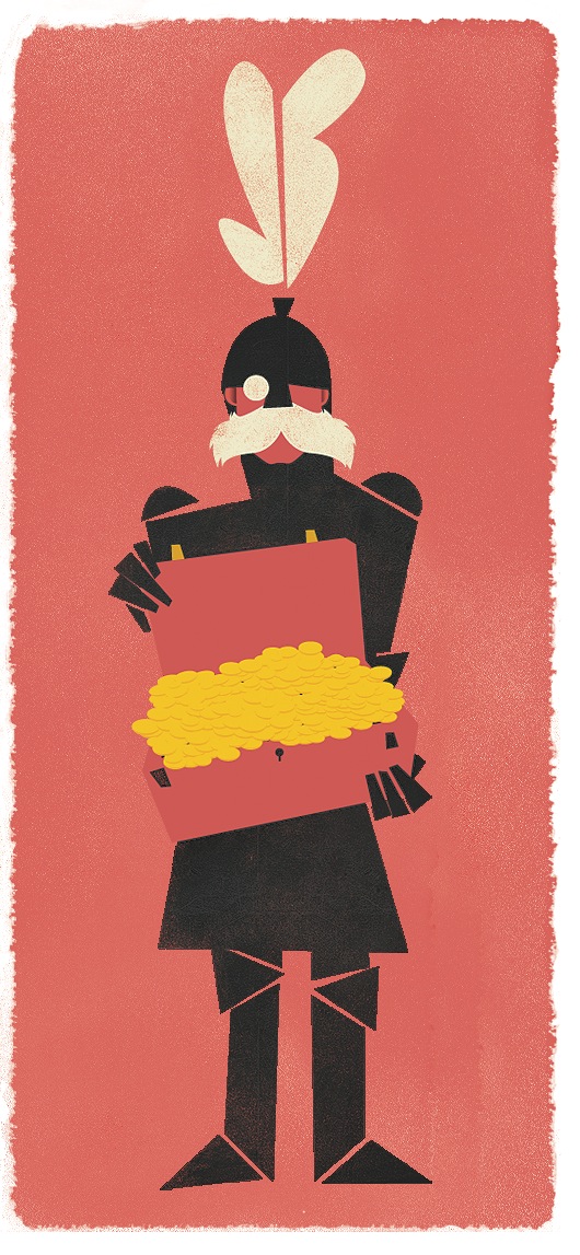 Stylized illustration of a soldier in black uniform holding a red briefcase with yellow contents against a coral background.