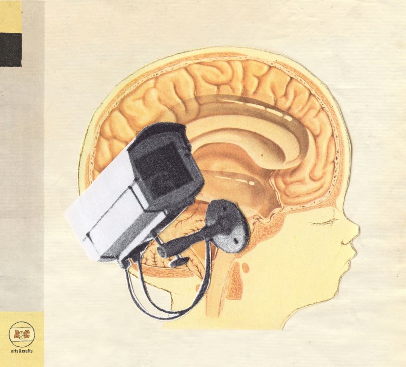 Collage artwork featuring vintage brain anatomy illustration with modern camera and microphone equipment overlay.