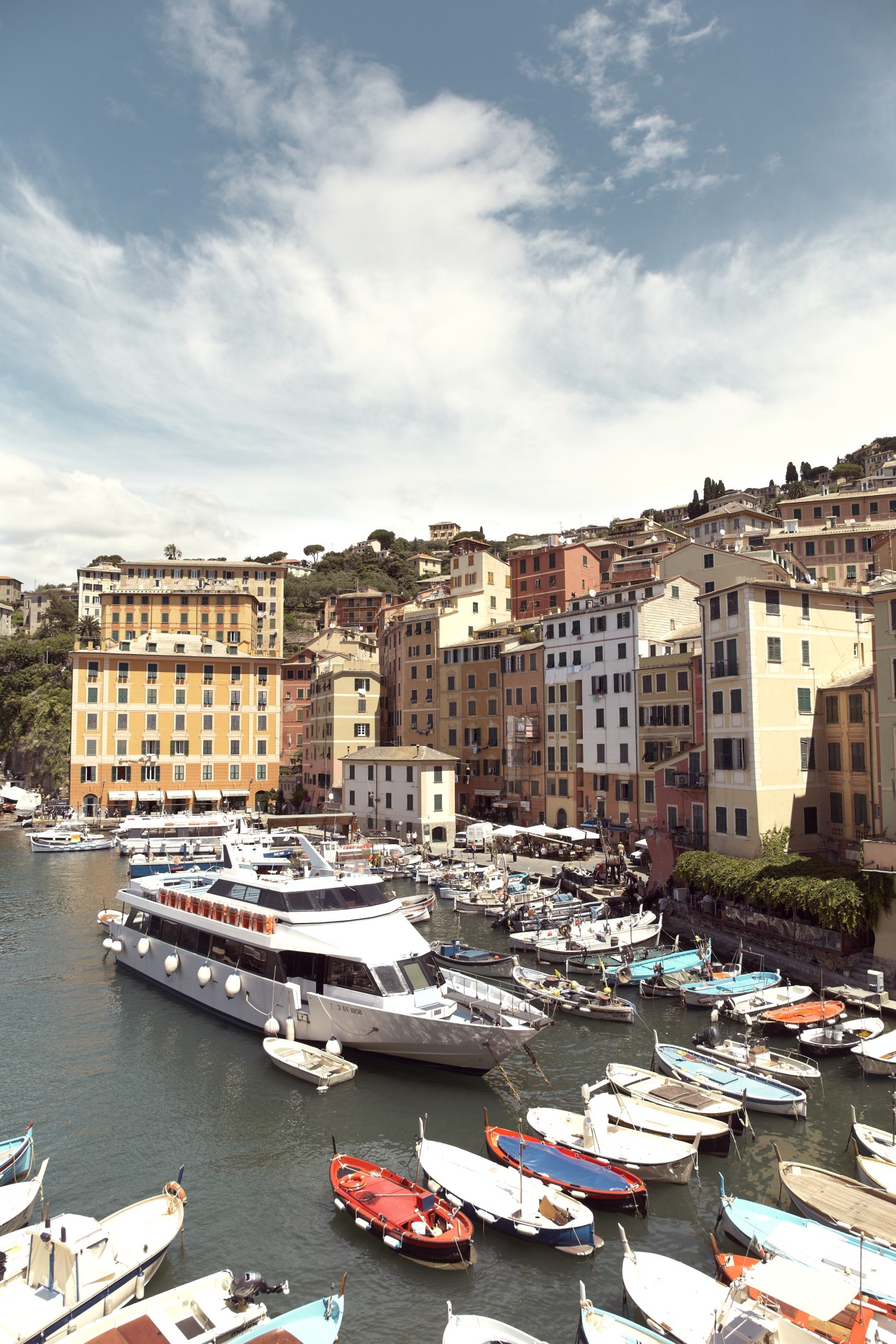 Colourful waterfront buildings rise above Camogli harbour filled with moored fishing boats and yachts.