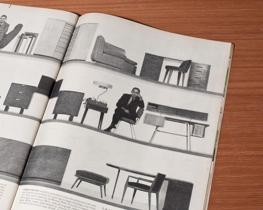 George Nelson posing with his furniture designs in a 1948 Life magazine spread