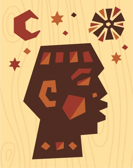 Illustration of a head in profile filled with geometric shapes in red and orange tones on a beige background.