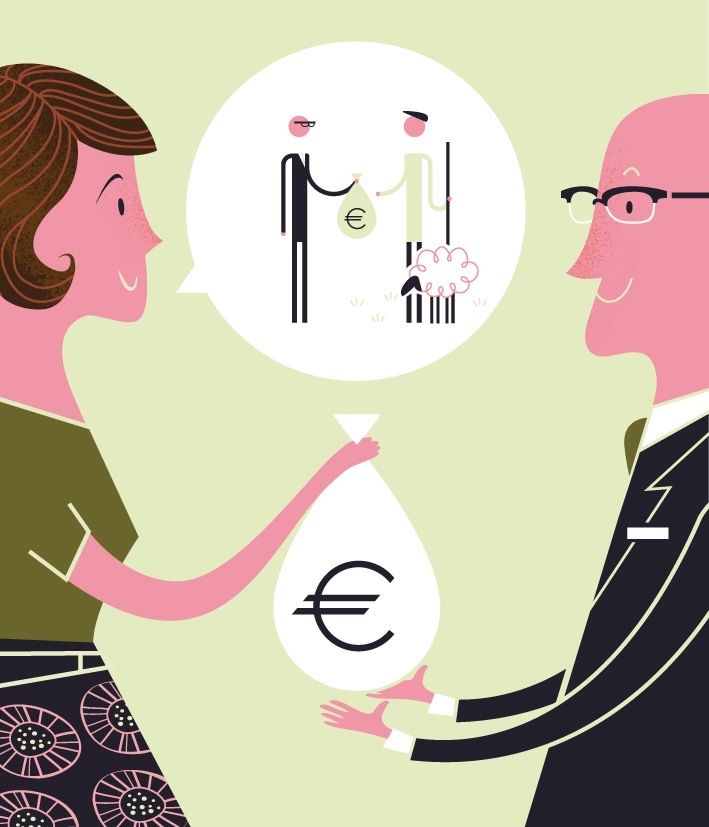 Illustration of two people discussing ethical banking with euro symbols and financial concepts in speech bubbles.