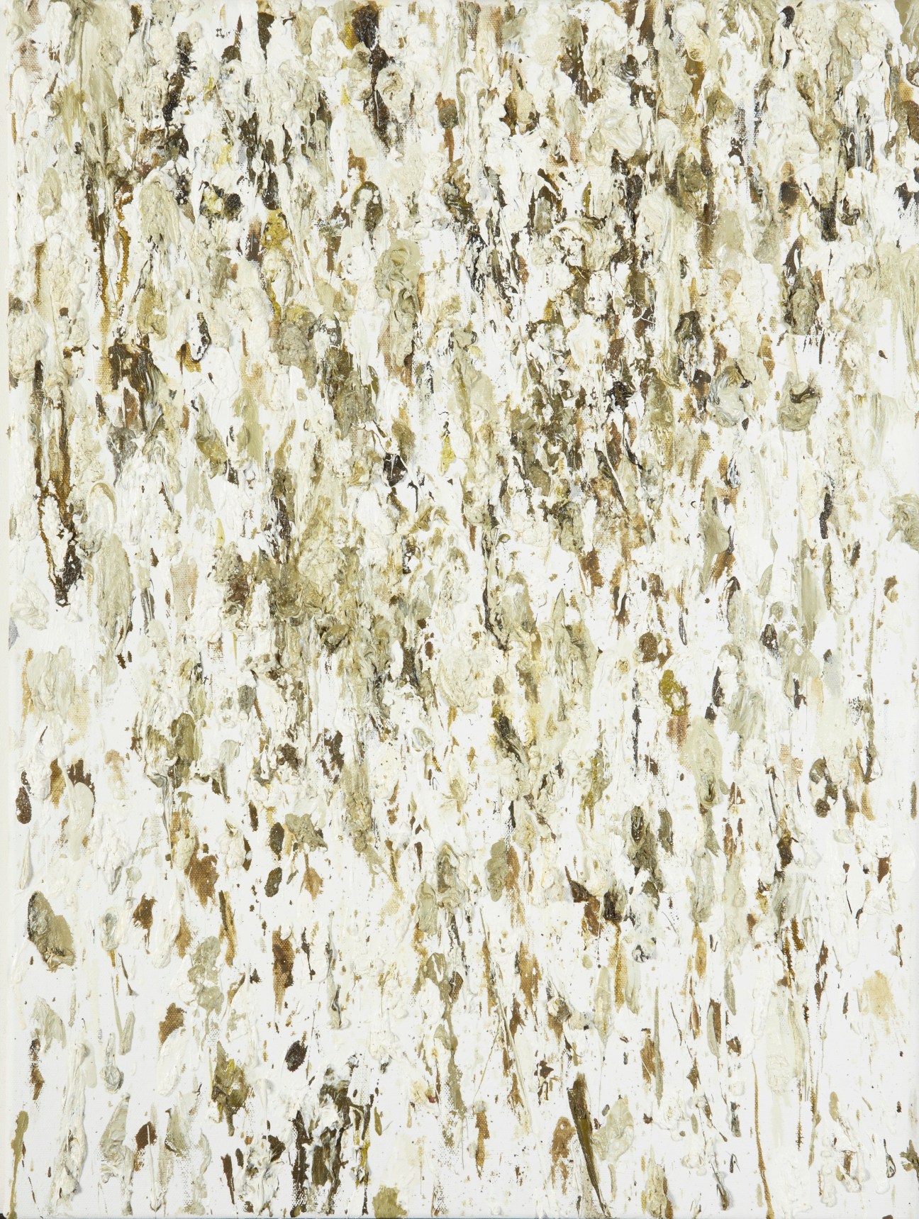 Dan Colen's abstract painting 'Untitled (Birdshit)' featuring white canvas with scattered olive and brown gestural marks.