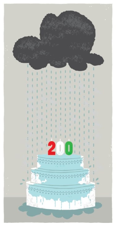 Illustration of a tiered cake with numbers 2, 1, and 0 beneath a dark rain cloud