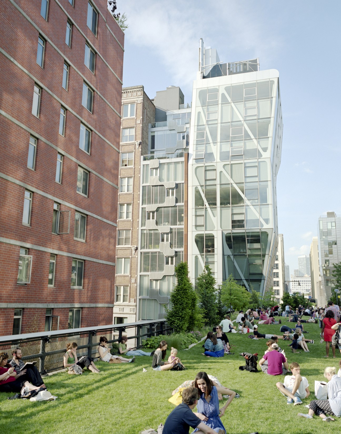 People relaxing on grass in The High Line park with surrounding New York City buildings.