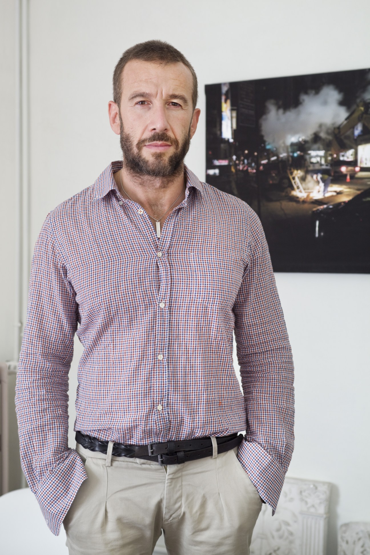 Portrait of architect Paolo Bertoncini Sabatini in a red and blue checked shirt