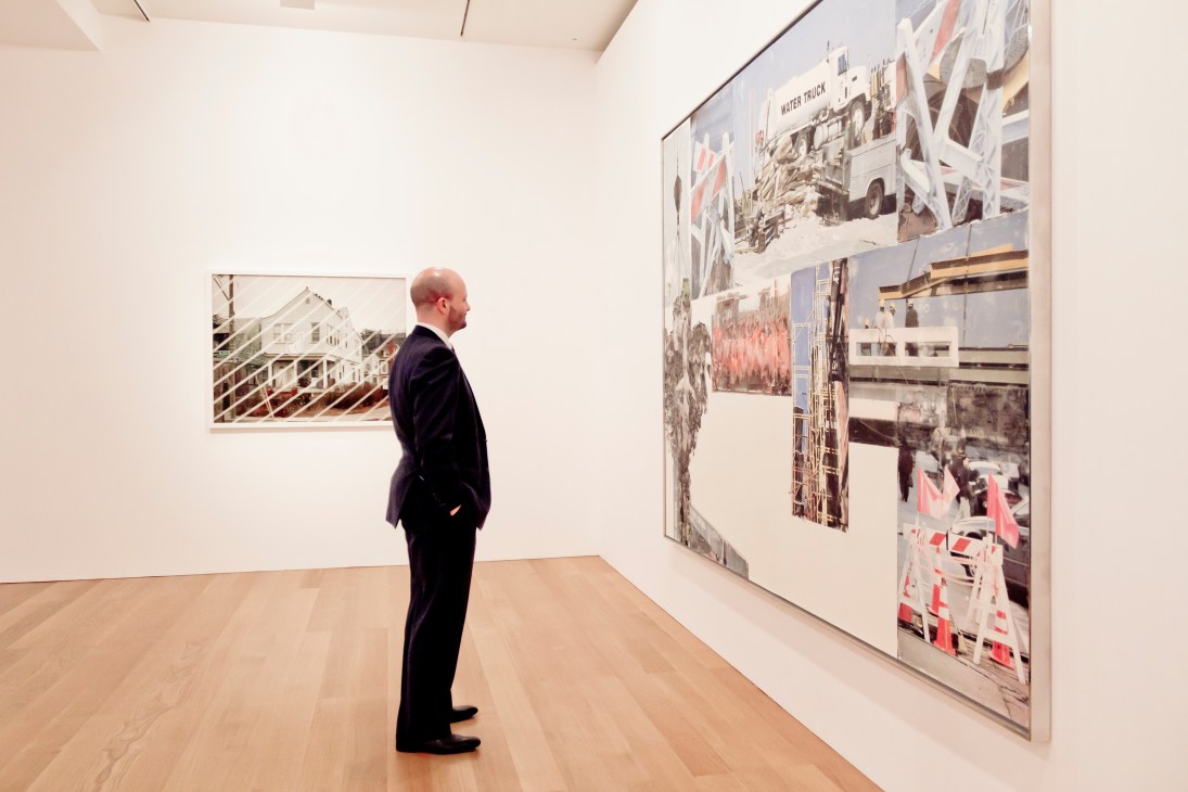 Magnus Renfrew viewing contemporary art installation at Gagosian Gallery in Hong Kong.