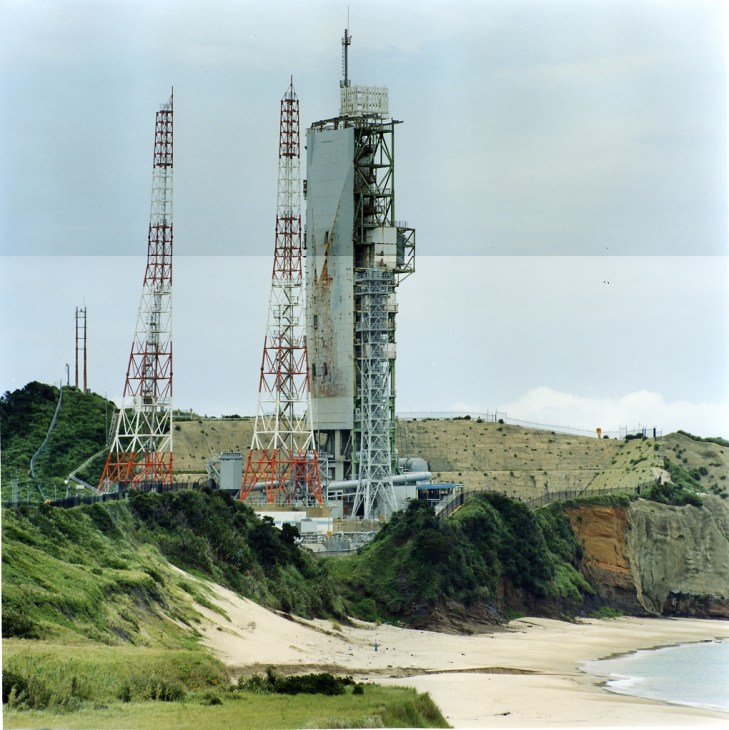 Yoshinobu pad service tower with launch infrastructure overlooking a beach on Tanegashima island.