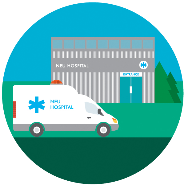 Illustration of a white ambulance labeled 'NEU HOSPITAL' with a blue medical cross outside a grey hospital building.