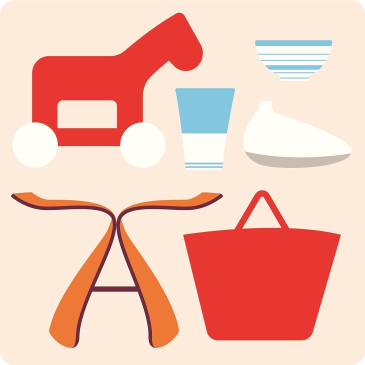 Illustration of design objects including a red toy horse, blue vessels, white serving dish, orange tongs, and red shopping basket.
