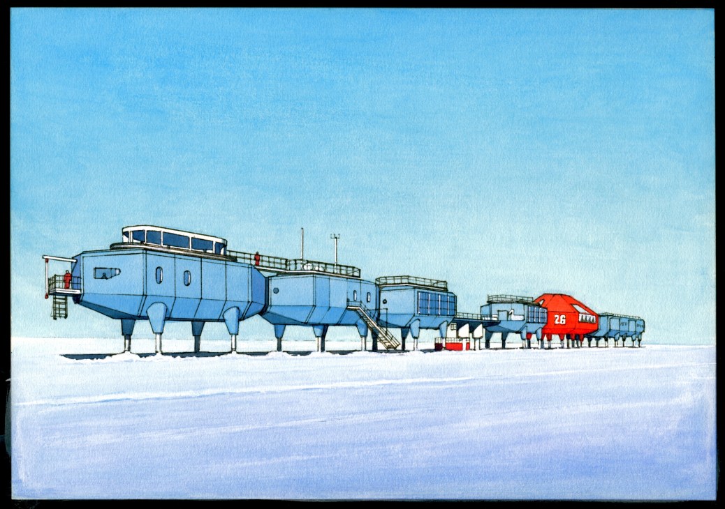 Illustration of modular blue research station structures on stilts in Antarctic ice with red accent building.