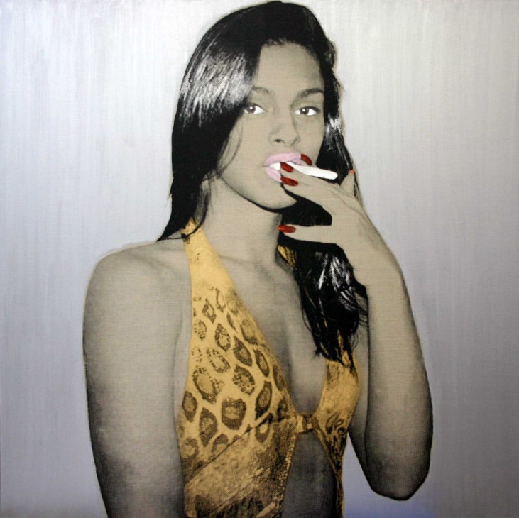 Pop art portrait of a woman with dark hair and red nails in a yellow leopard-print outfit smoking a cigarette.
