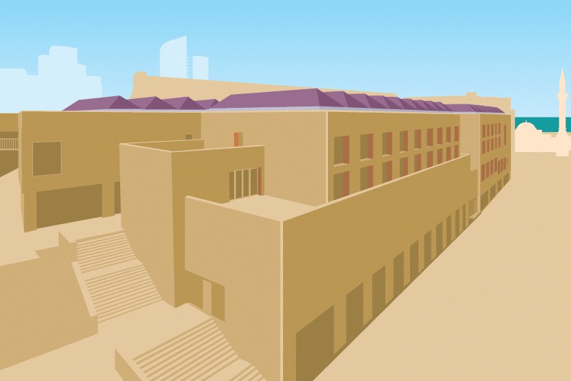 Illustration of a modern souk in Beirut with arcaded buildings, wooden screens, and open courtyard design.