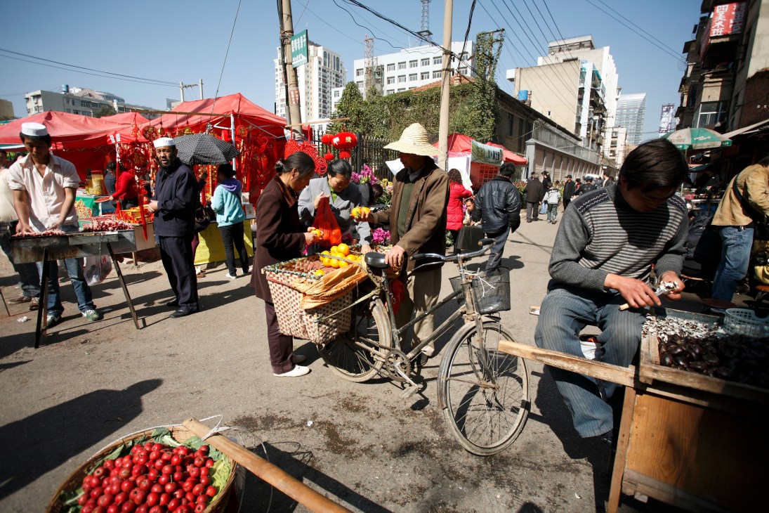 Vendors and shoppers browse colorful produce and goods at Kunming's Bird and Flower Market.