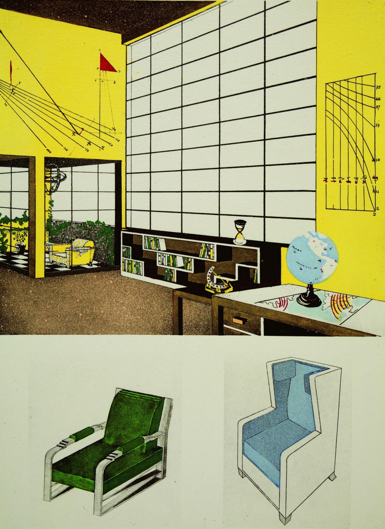 1920s pochoir print showing a bright yellow modernist interior with geometric patterns and furniture designs.