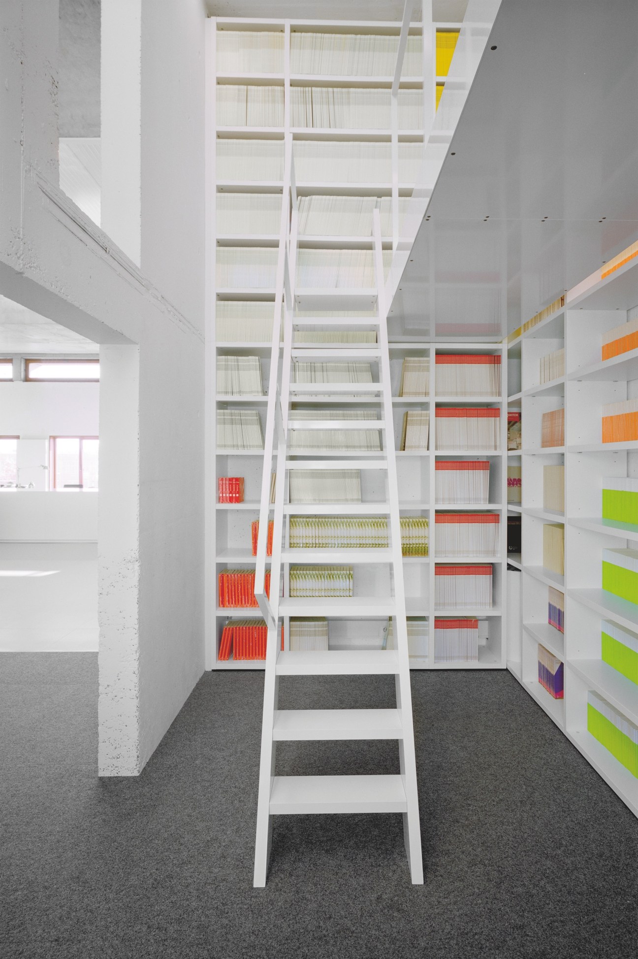 White modular shelving with ladder in library space displaying colorful books and files.