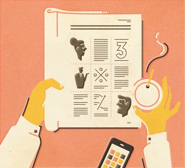 Illustration of hands holding a newspaper page with profile silhouettes and text, alongside a smartphone on a coral background.