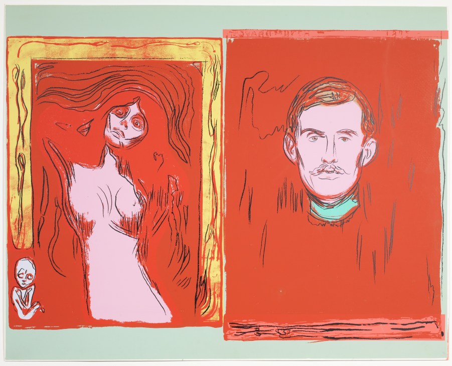 Two Andy Warhol prints with red backgrounds featuring sketched portraits of a woman with long hair and a man with a mustache and turquoise collar.