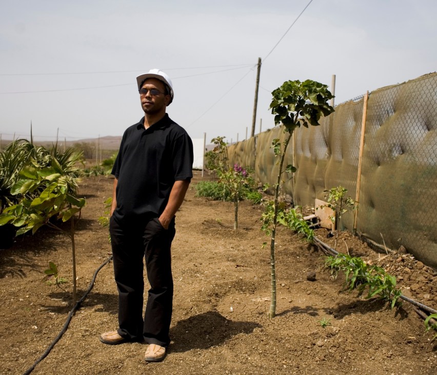 Helder Reis, technical manager of Sambala Village, stands in a greenhouse with young plants and irrigation systems.