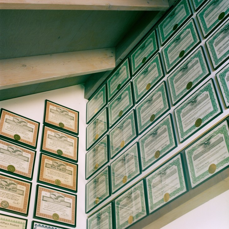 Framed patents displayed on a studio wall, with green and gold seals visible on the documents.